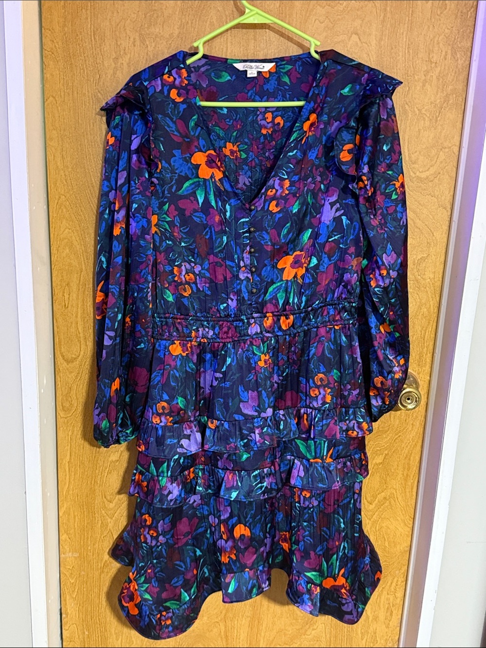 The Pioneer Woman Navy Floral Tiered Ruffle Dress with Orange & Purple Flowers